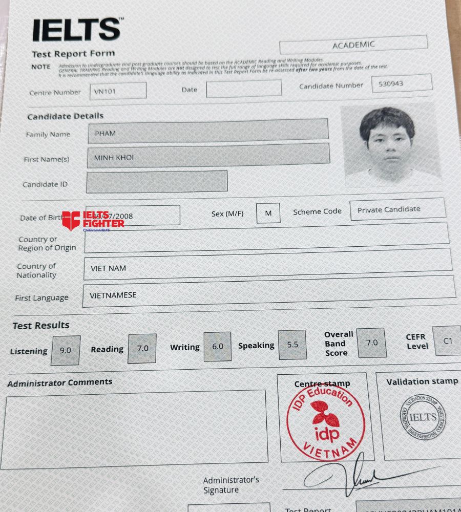 Chứng chỉ Phạm Minh Khôi 7.0 IELTS