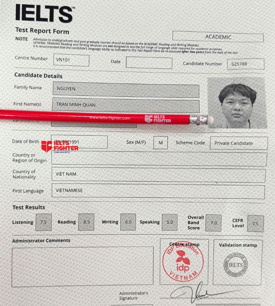 Chứng chỉ Nguyễn Trần Minh Qu&acirc;n  7.0 IELTS