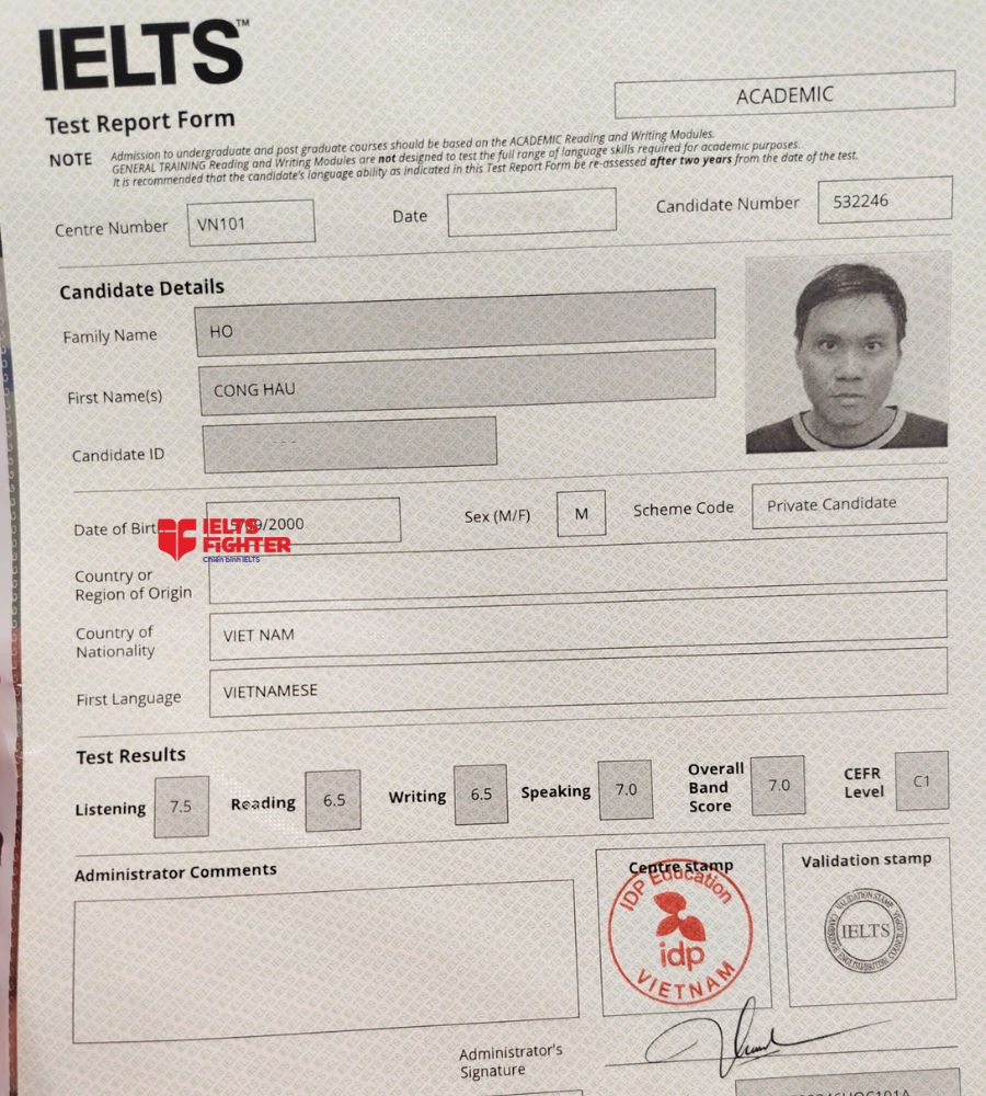 Chứng chỉ Hồ C&ocirc;ng Hậu 7.0 IELTS