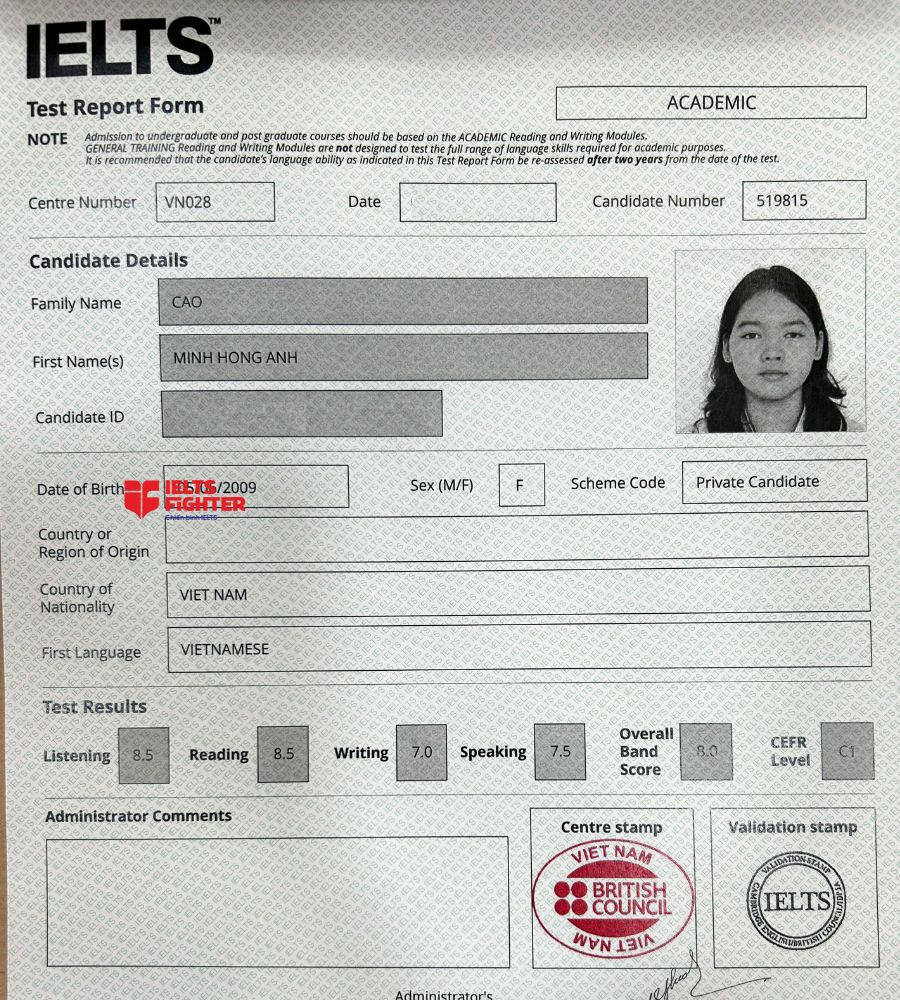 Chứng chỉ Cao Minh Hồng Anh 8.0 IELTS