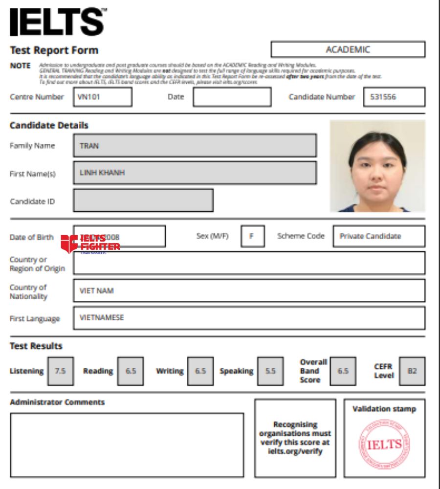 Chứng chỉ Trần Linh Kh&aacute;nh 6.5 IELTS