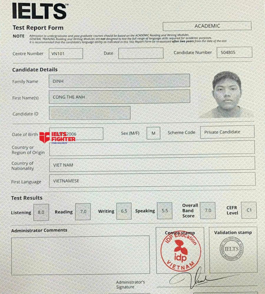 Chứng chỉ Đinh Công Thế Anh 7.0 IELTS