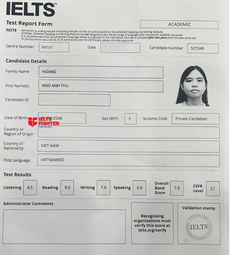Chứng chỉ Hoàng Ngô Anh Thư 7.5 IELTS