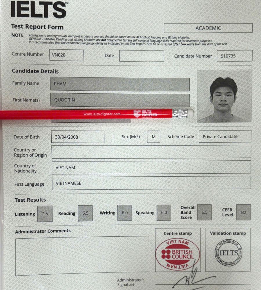 Chứng chỉ Phạm Quốc T&iacute;n 6.5 IELTS