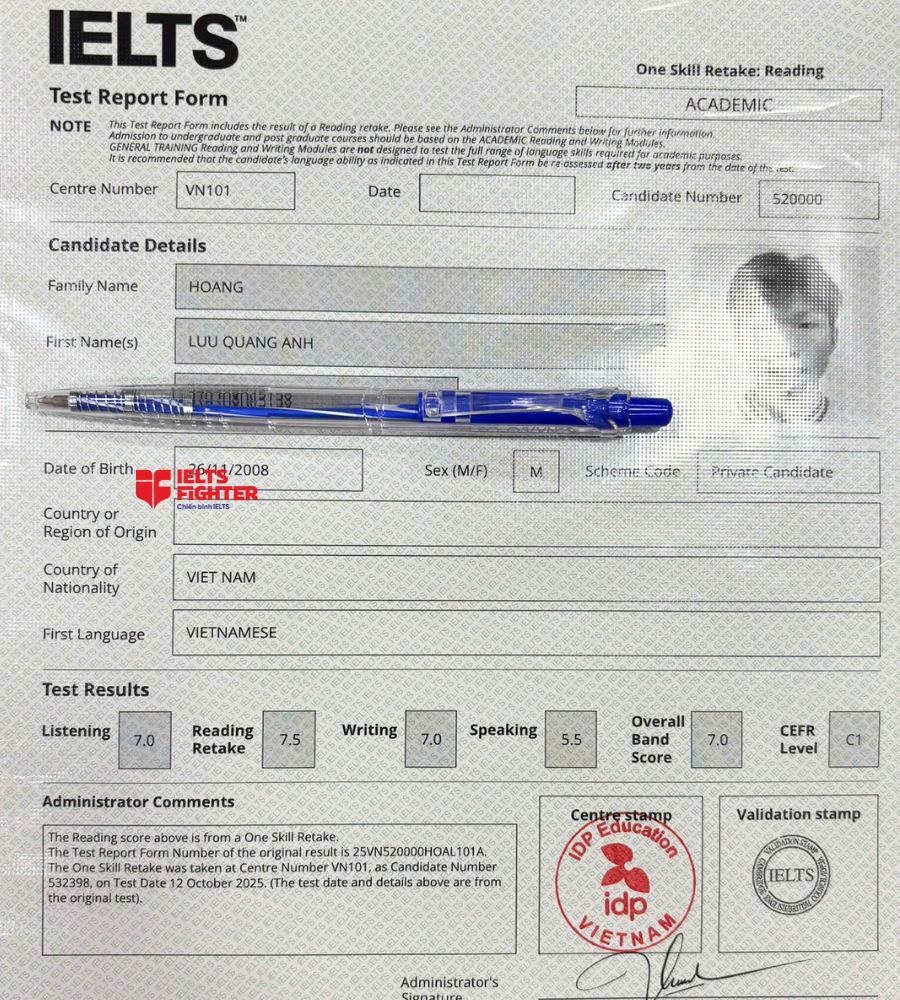 Chứng chỉ Hoàng Lưu Quang Anh 7.0 IELTS