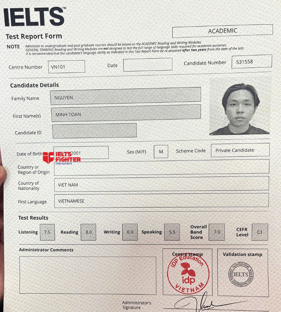 Chứng chỉ Nguyễn Minh To&agrave;n  7.0 IELTS
