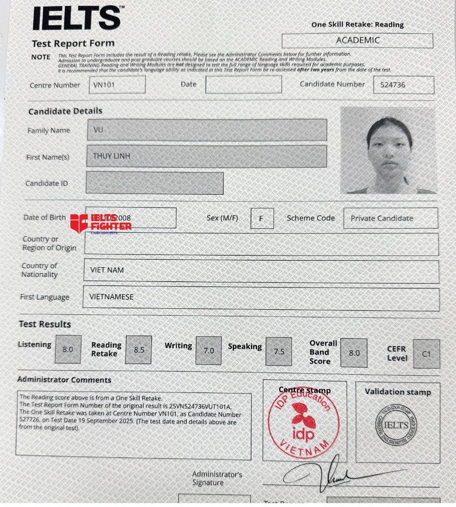 Chứng chỉ Vũ Thuỳ Linh 8.0 IELTS