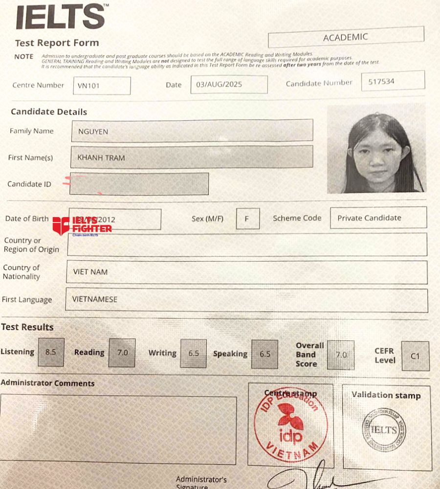 Chứng chỉ Nguyễn Khánh Trâm 7.0 IELTS