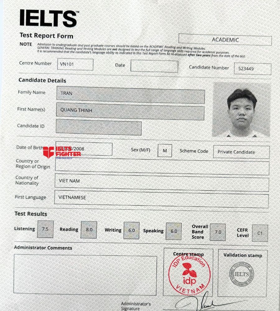 Chứng chỉ Trần Quang Thịnh 7.0 IELTS