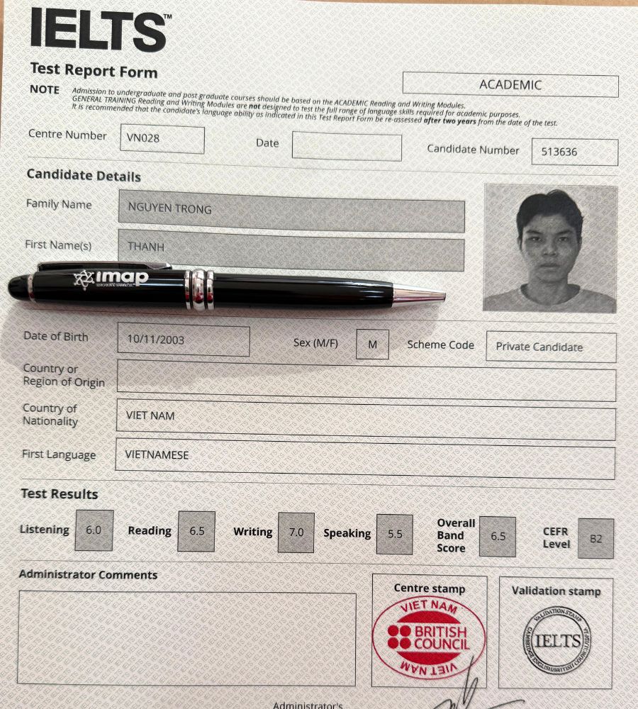Chứng chỉ Nguyễn Trọng Thành 6.5 IELTS