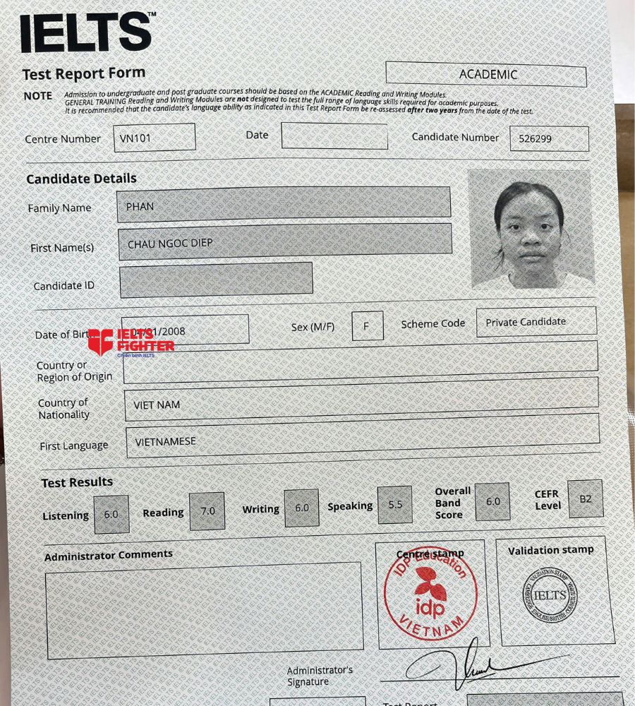 Chứng chỉ Phan Ch&acirc;u Ngọc Diệp  6.0 IELTS