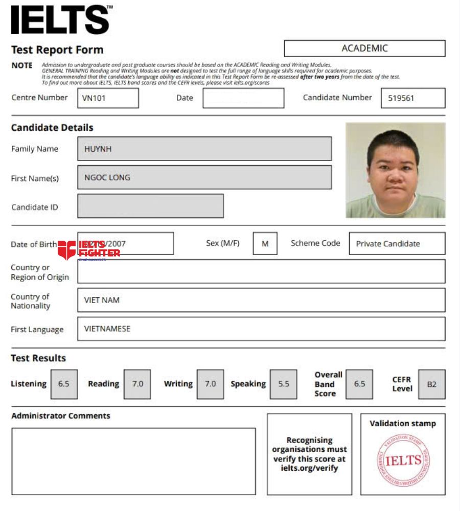 Chứng chỉ Huỳnh Ngọc Long 6.5 IELTS