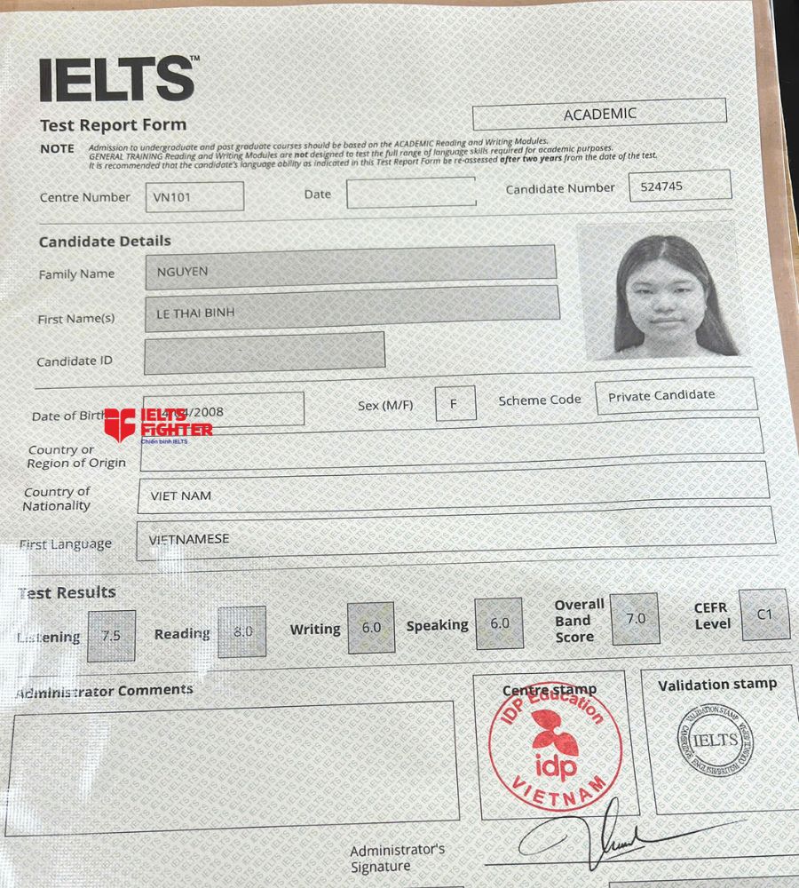 chứng chỉ Nguyễn L&ecirc; Th&aacute;i B&igrave;nh 7.0 IELTS