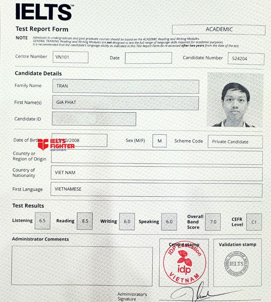 Chứng chỉ Trần Gia Ph&aacute;t 7.0 IELTS