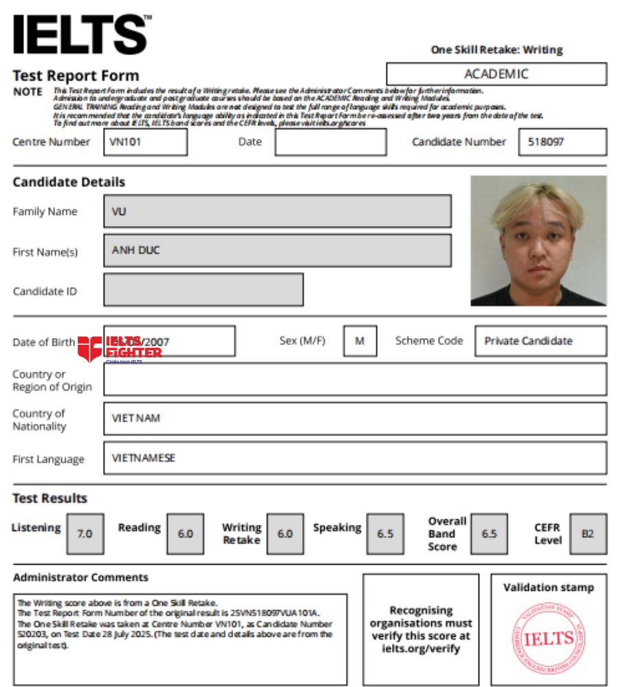 Chứng chỉ Vũ Anh Đức  6.5 IELTS