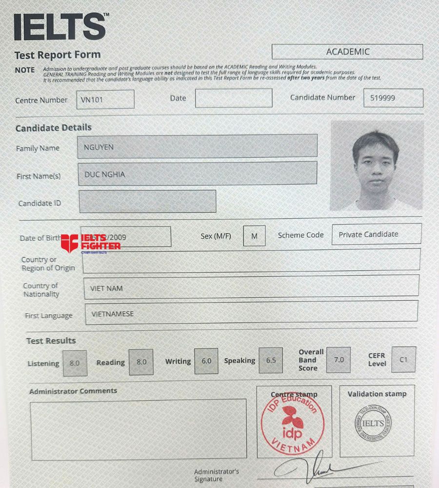 Chứng chỉ Nguyễn Đức Nghĩa 7.0 IELTS