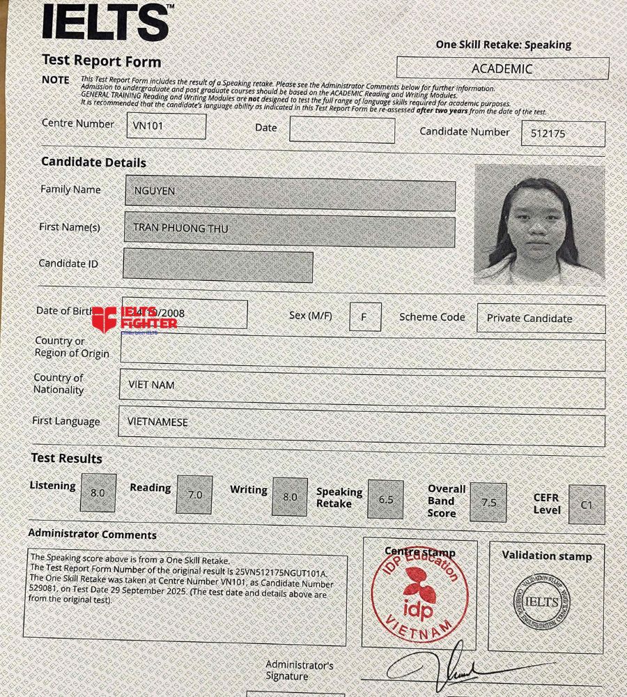 Chứng chỉ Nguyễn Trần Phương Thư 7.5 IELTS