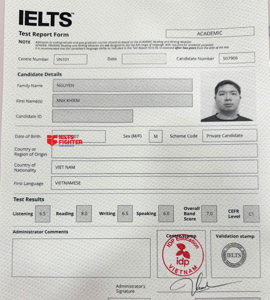 chứng chỉ Nguyễn Anh Khi&ecirc;m 7.0 IELTS
