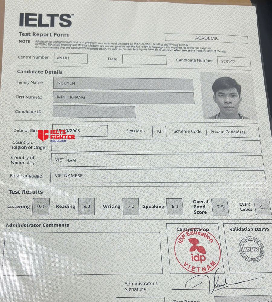 Chứng chỉ Nguyễn Minh Khang  7.5 IELTS