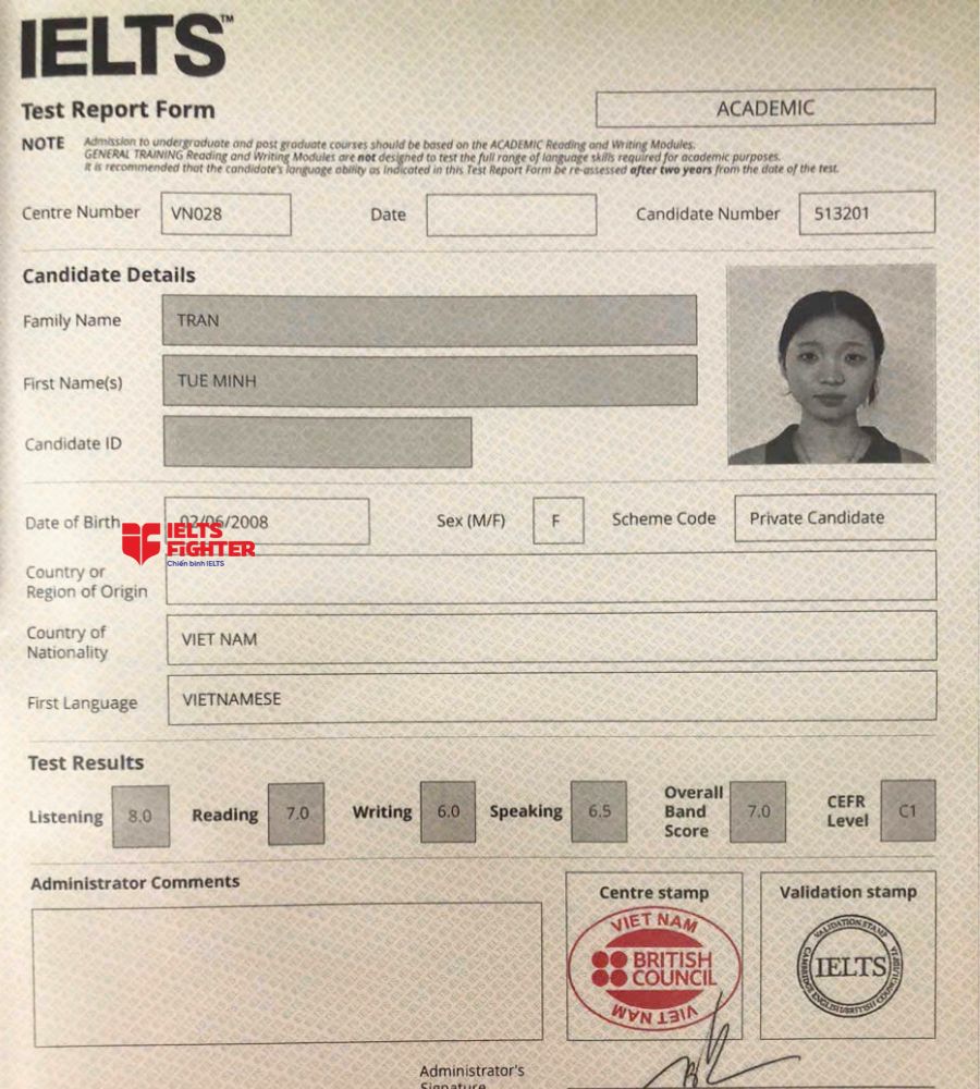 Chứng chỉ Trần Tuệ Minh 7.0 IELTS