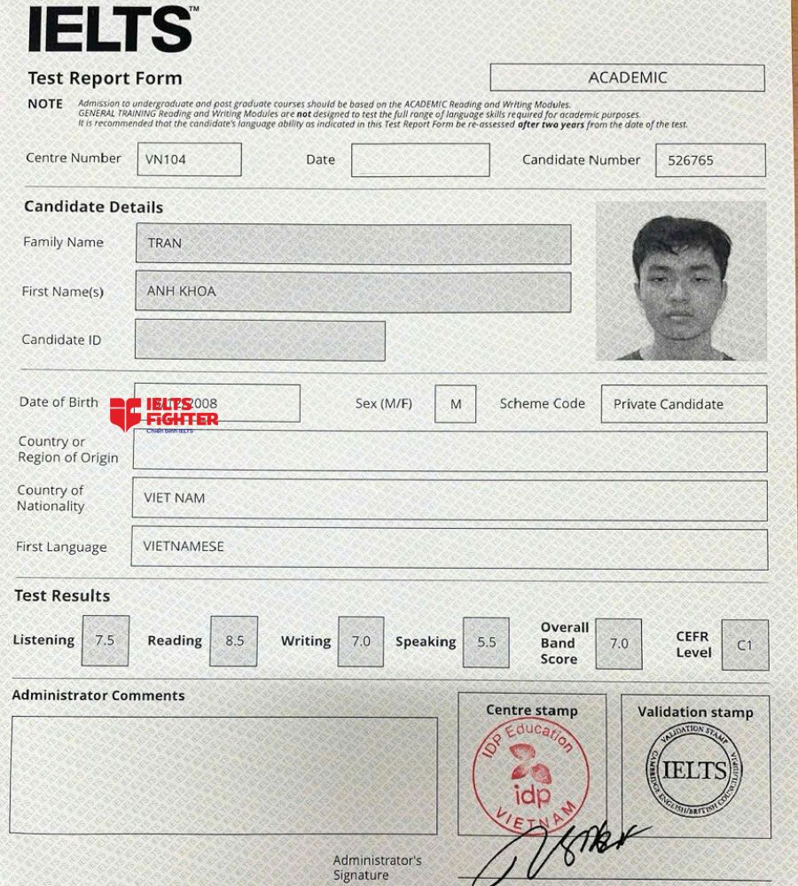 Chứng chỉ Trần Anh Khoa 7.0 IELTS