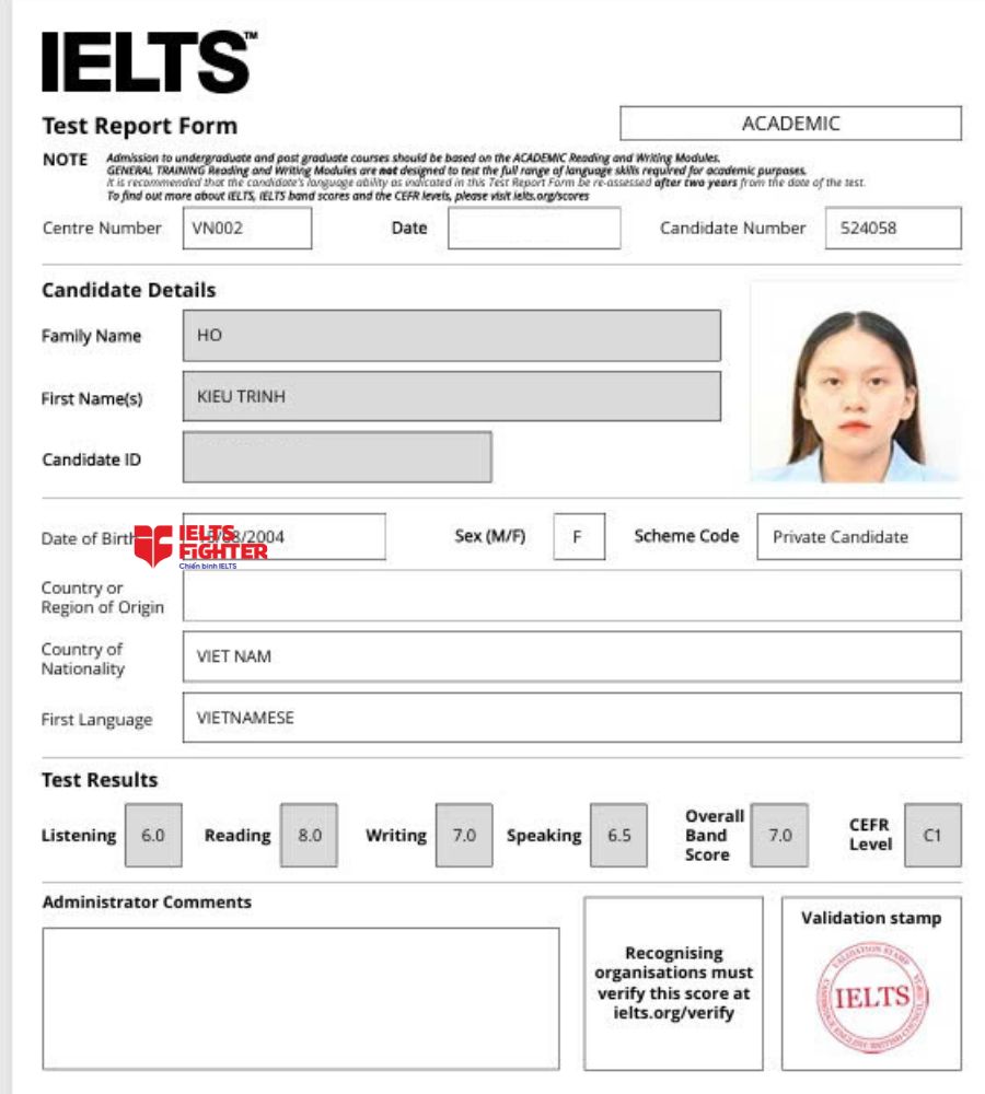 Chứng chỉ Hồ Kiều Trinh 7.0 IELTS