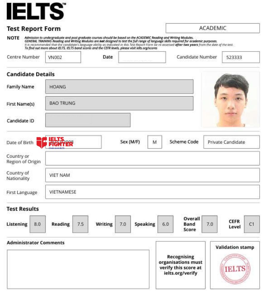Chứng chỉ Ho&agrave;ng Bảo Trung 7.0 IELTS