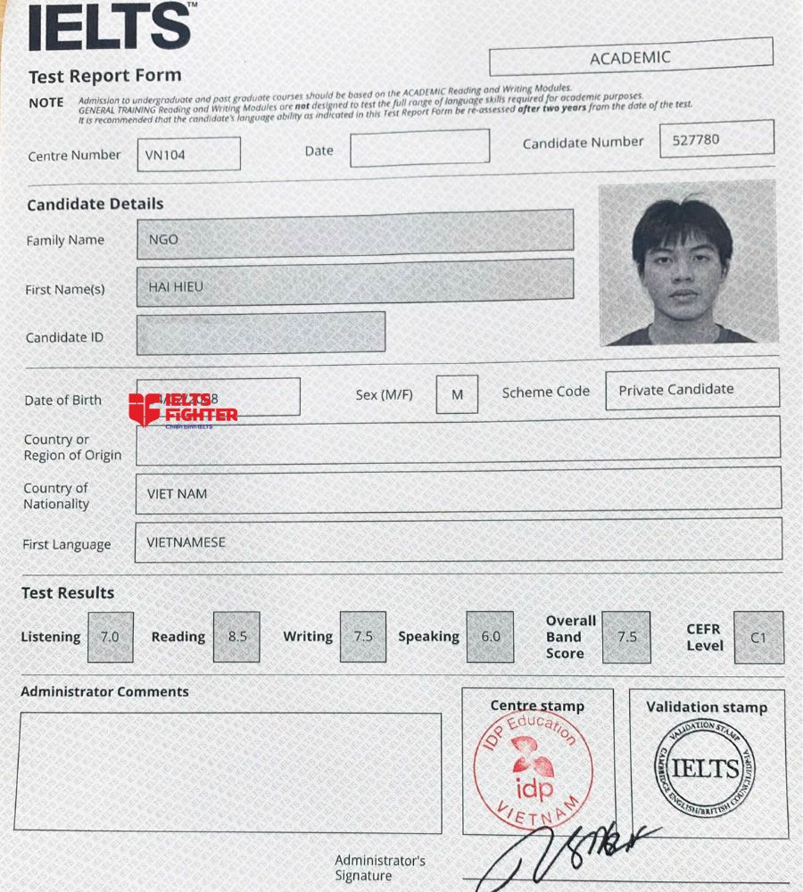 Chứng chỉ Ng&ocirc; Hải Hiếu  7.5 IELTS