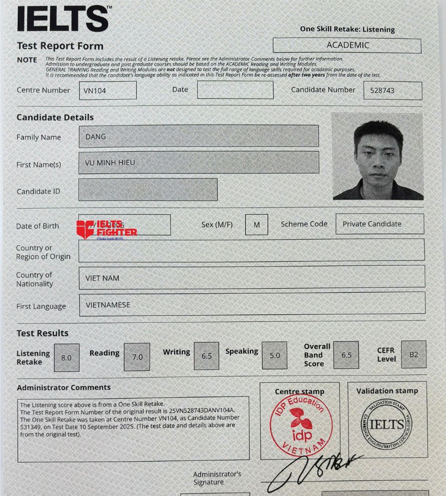 chứng chỉ Đặng Vũ Minh Hiếu  6.5 IELTS