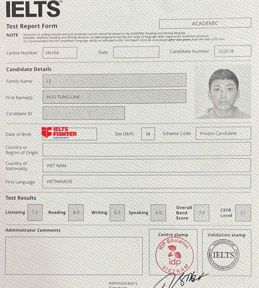 chứng chỉ L&ecirc; Hữu T&ugrave;ng L&acirc;m  7.0 IELTS