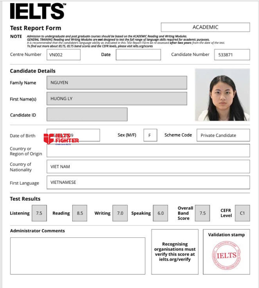 chứng chỉ Nguyễn Hương Ly 7.0 IELTS