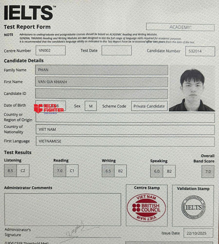 Chứng chỉ Phan Văn Gia Khánh 7.0 IELTS