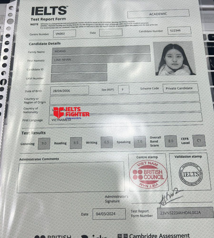 Bảng điểm Linh Nhàn 8.0 IELTS