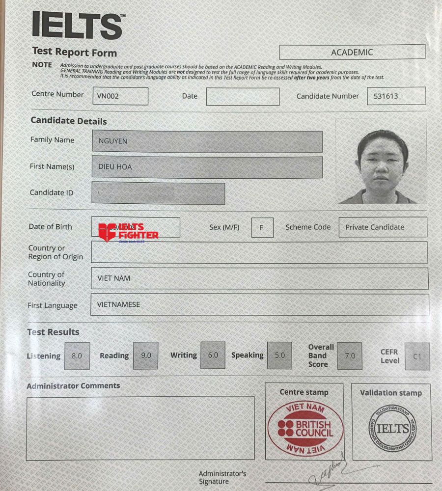 Chứng chỉ Nguyễn Diệu Hoa 7.0 IELTS