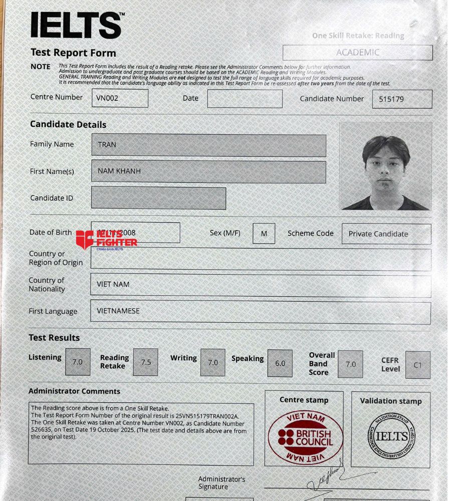 chứng chỉ Trần Nam Kh&aacute;nh 7.0 IELTS