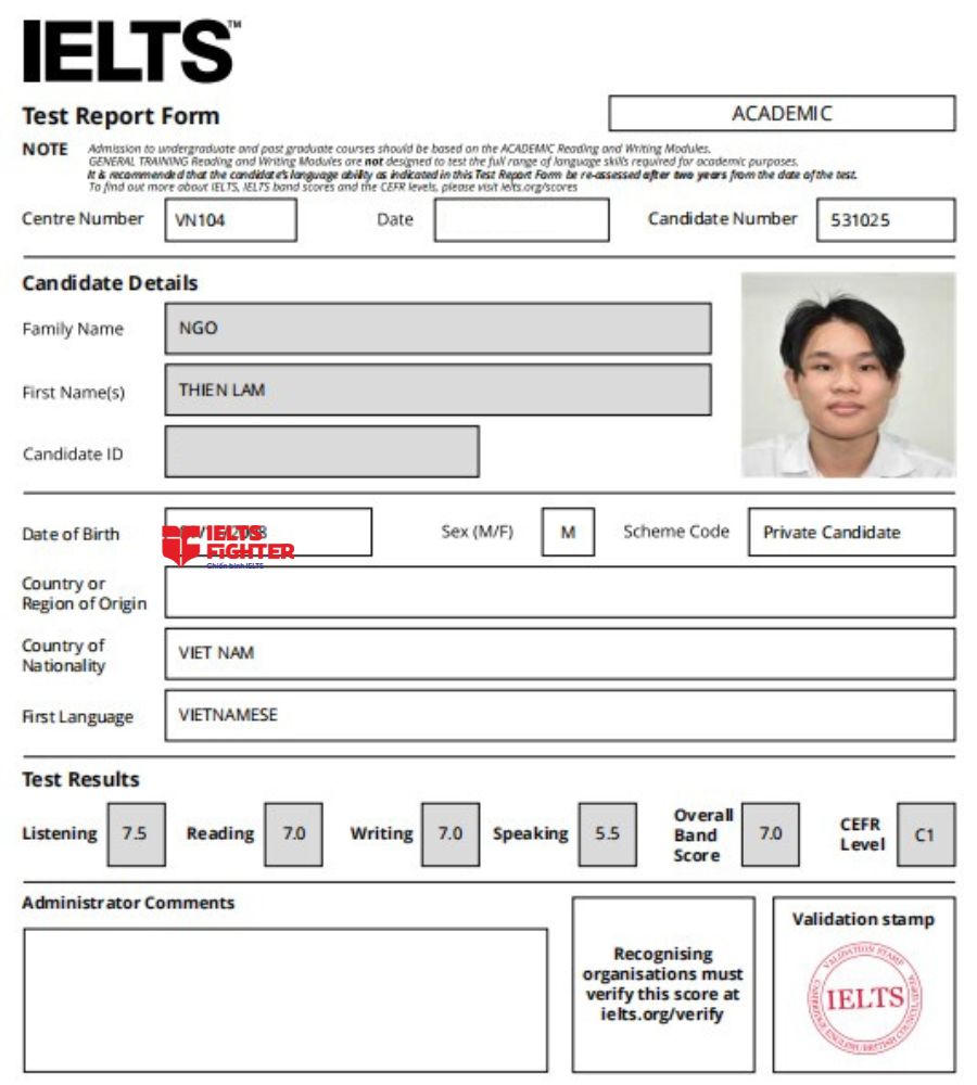 Chứng chỉ Lê Thiện Cơ 7.0 IELTS