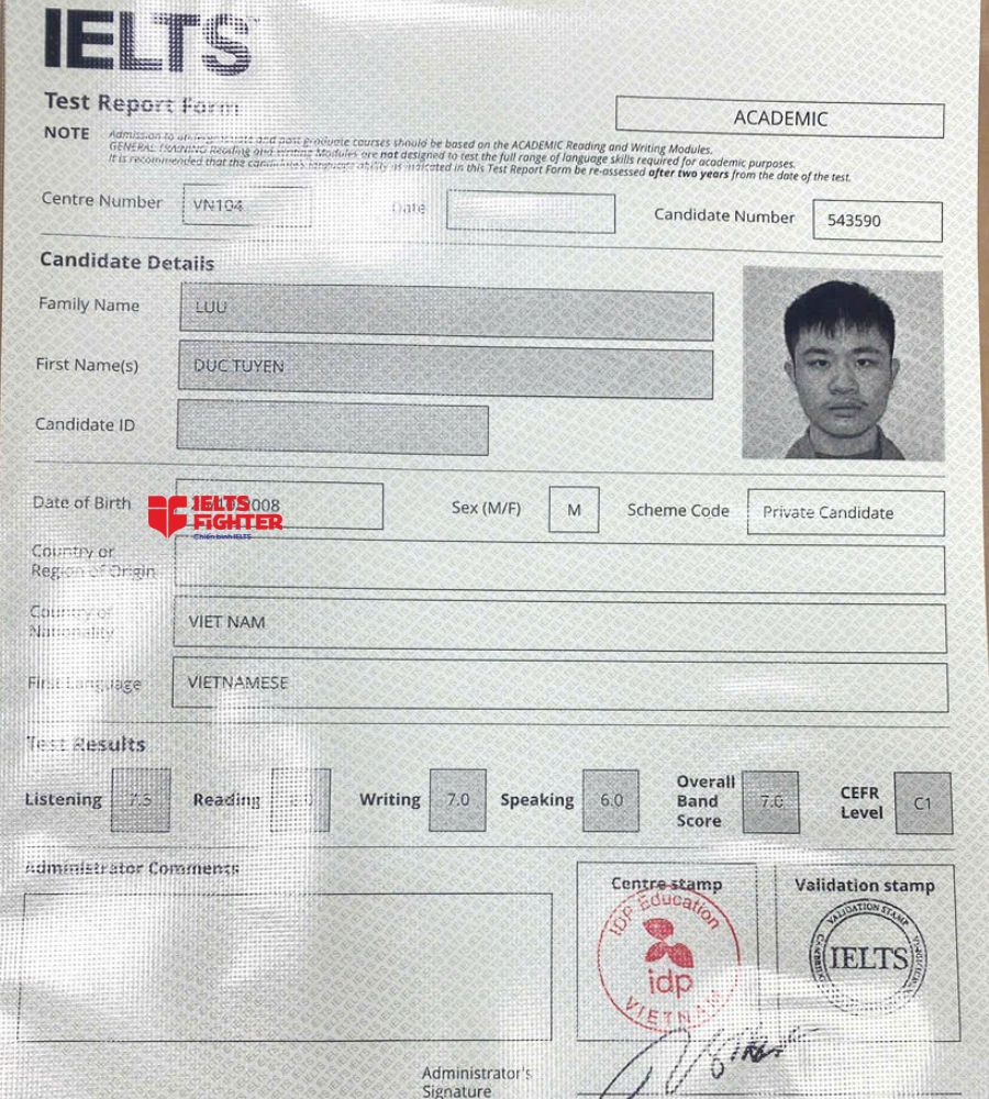 chứng chỉ Lưu Đức Tuyến 7.0 IELTS