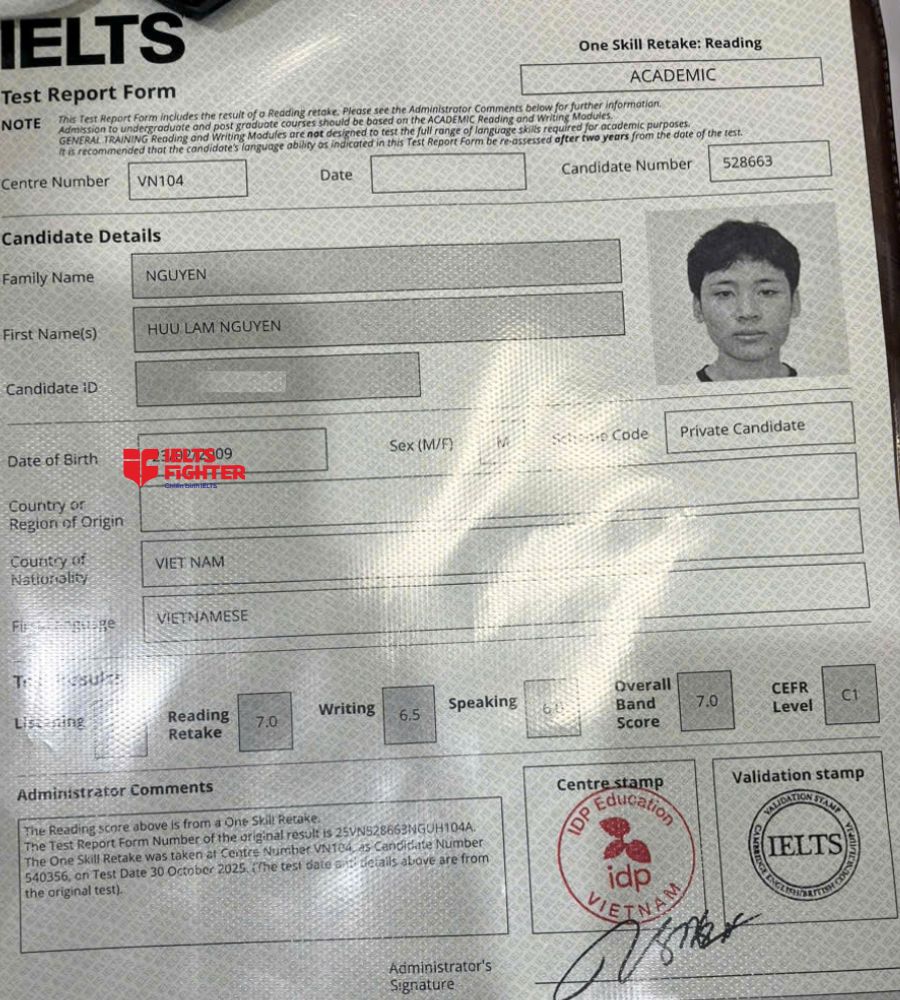 Chứng chỉ Nguyễn Hữu Lâm Nguyên 7.0 IELTS