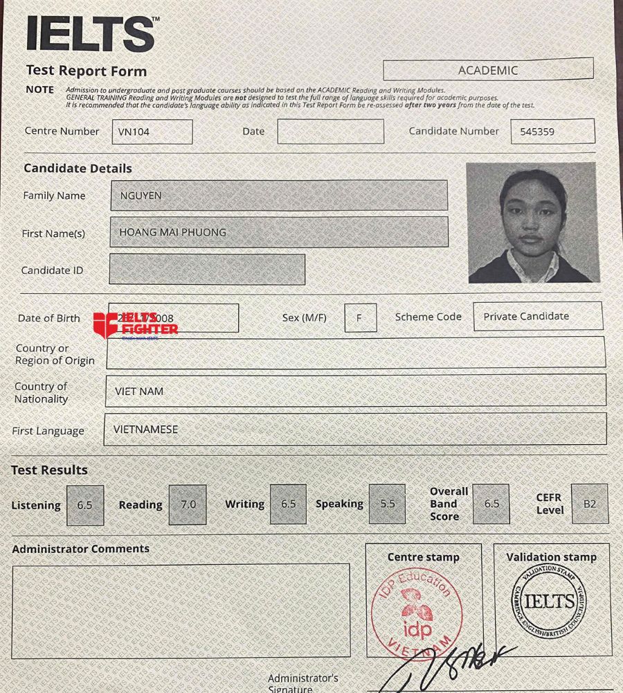 chứng chỉ Nguyễn Hoàng Mai Phương 6.5 IELTS