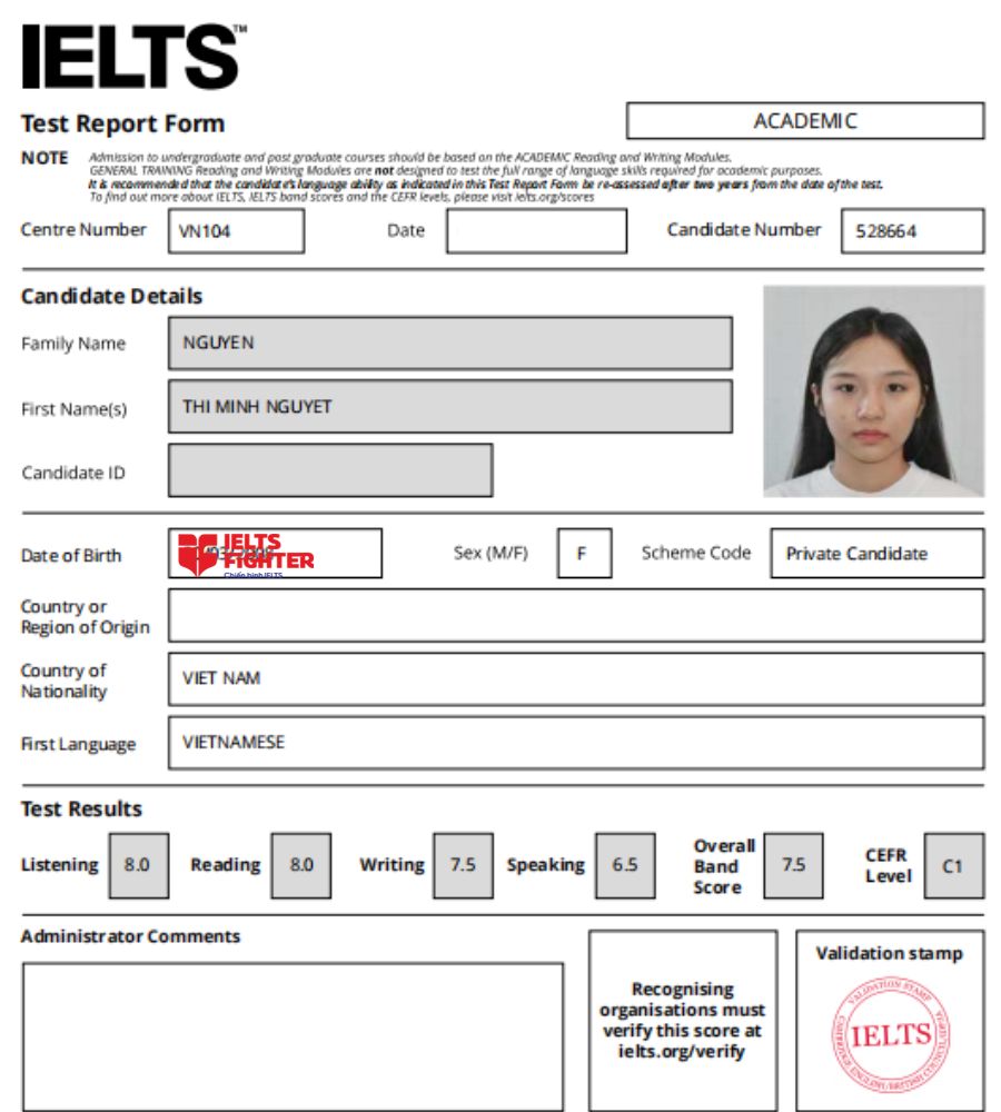 Chứng chỉ Nguyễn Thị Minh Nguyệt 7.5 IELTS