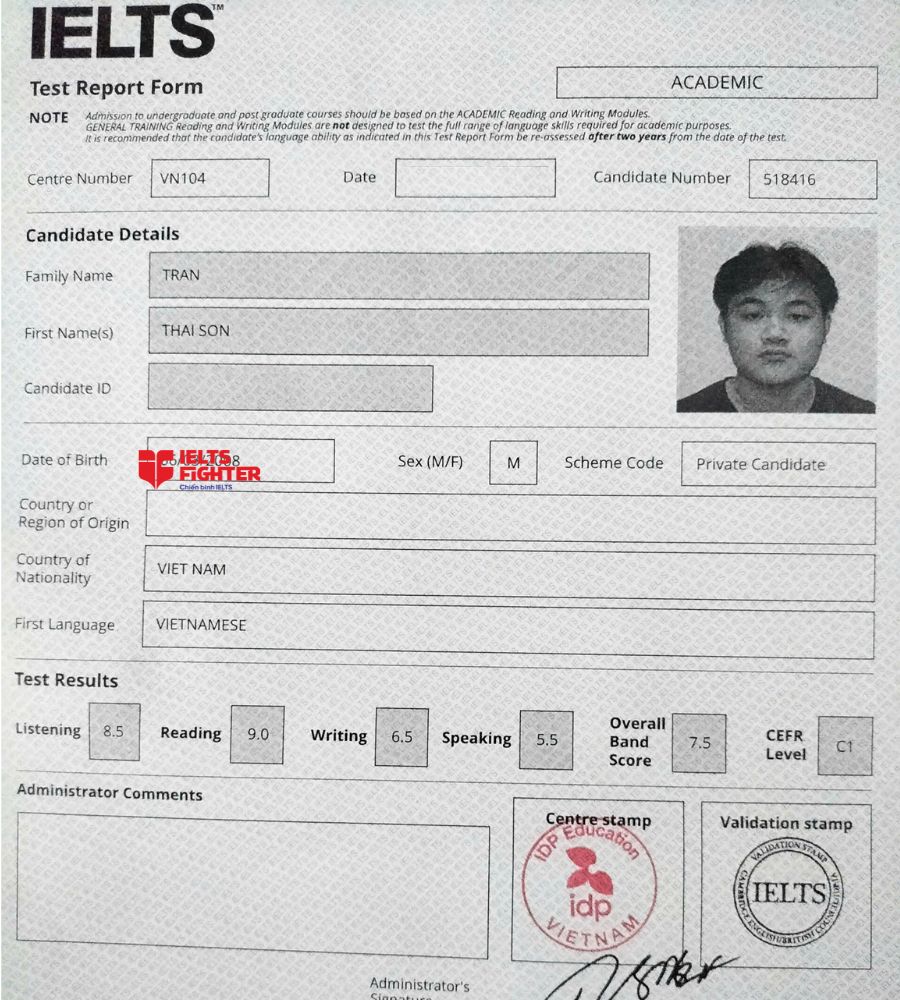 Chứng chỉ Trần Th&aacute;i Sơn 7.5 IELTS