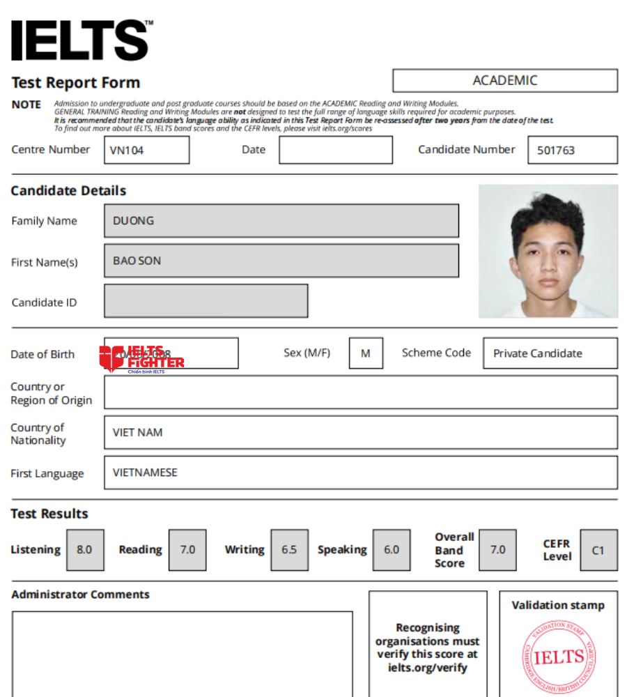 Chứng chỉ Dương Bảo Sơn  7.0 IELTS