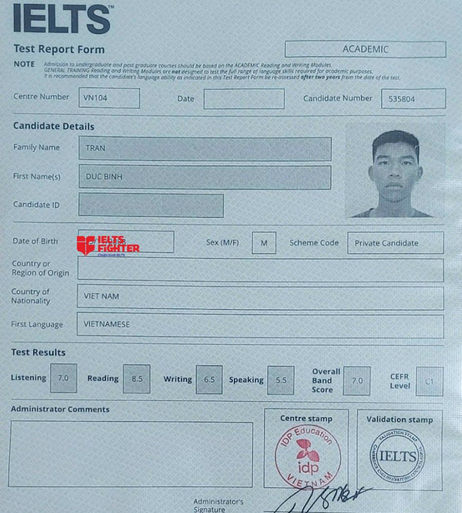 chứng chỉ Trần Đức Bình 7.0 IELTS
