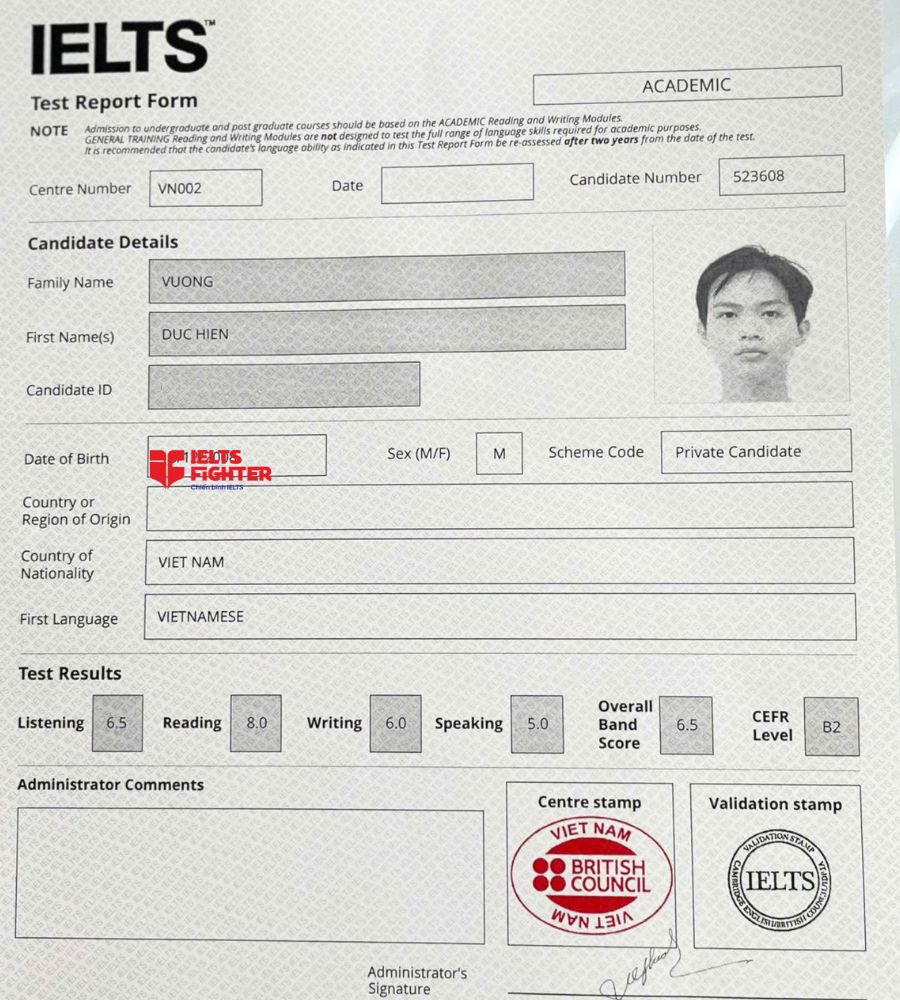 chứng chỉ Vương Đức Hiền  6.5 IELTS