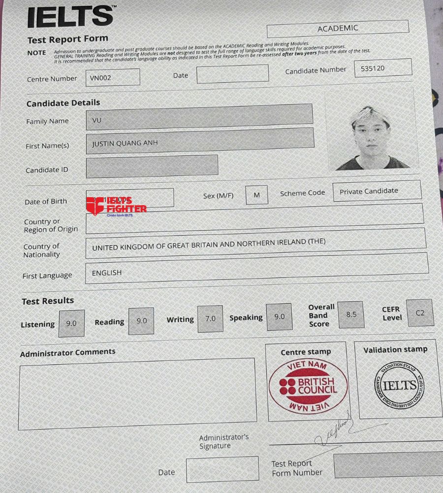 Chứng chỉ Vũ Justin Quang Anh  8.5 IELTS