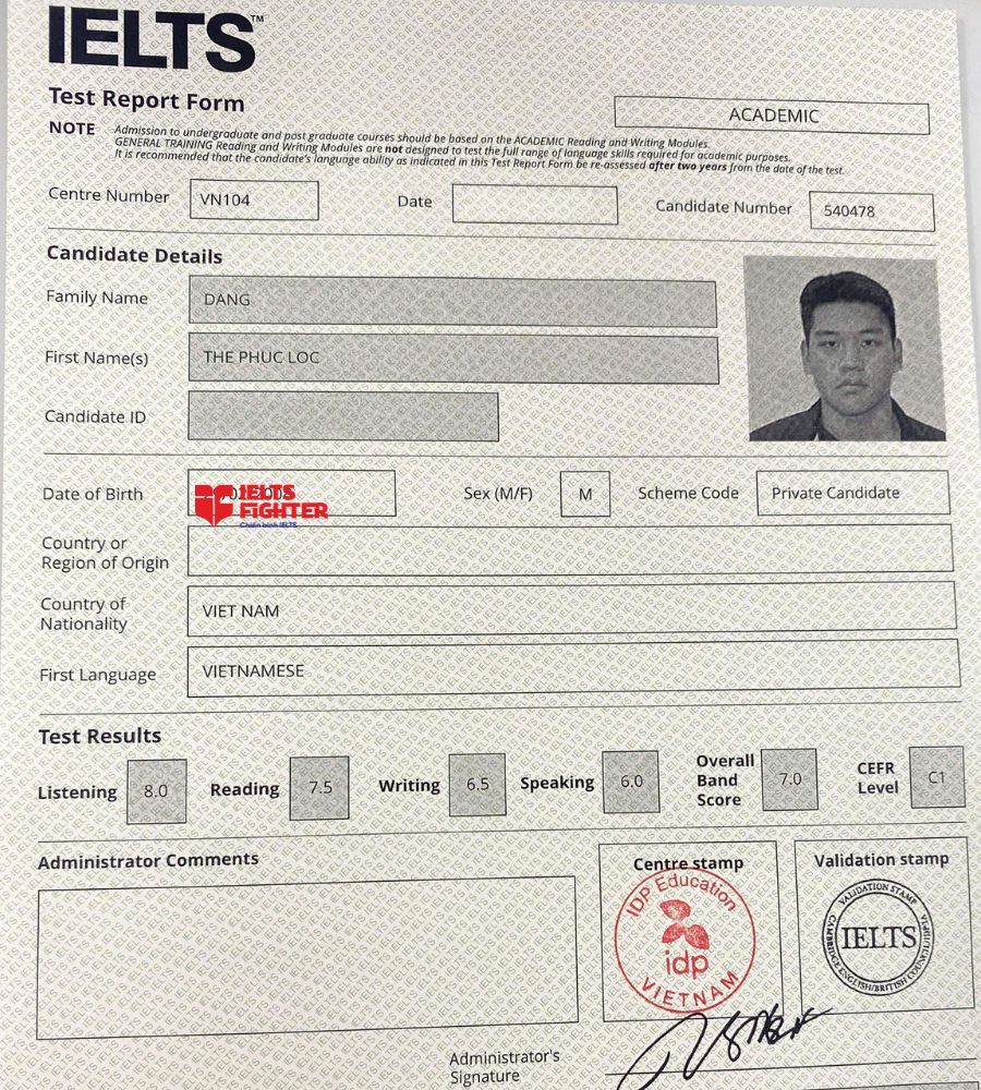 chứng chỉ Đặng Thế Phúc Lộc 7.0 IELTS