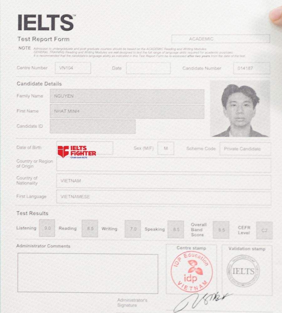 nhật minh chia sẻ c&aacute;ch học 8.5 IELTS với bảng điểm