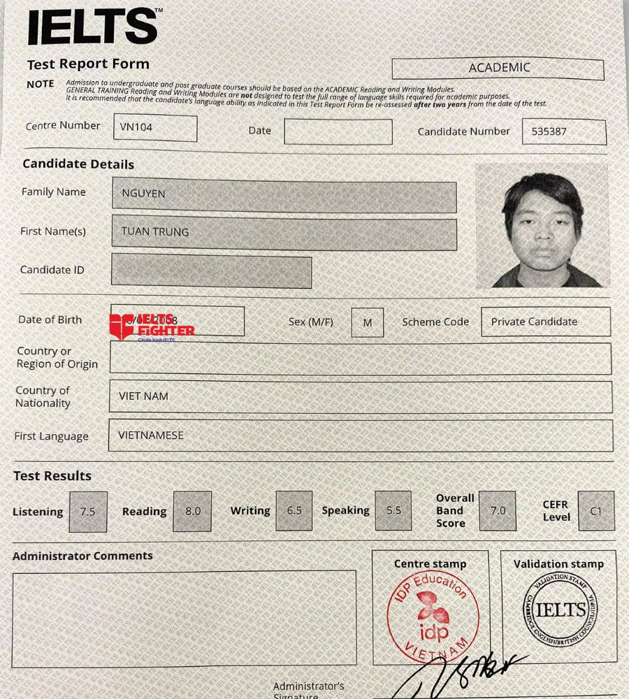 chứng chỉ Nguyễn Tuấn Trung 7.0 IELTS