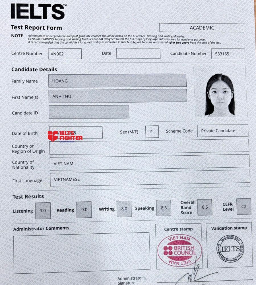 chứng chỉ Ho&agrave;ng Anh Thư   8.5 IELTS