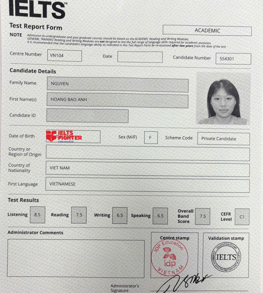 chứng chỉ Nguyễn Ho&agrave;ng Bảo Anh   7.5 IELTS